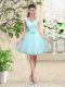 Sleeveless Tulle Knee Length Lace Up Vestidos de Damas in Aqua Blue with Lace and Belt