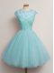 Customized Aqua Blue Scoop Lace Up Lace Court Dresses for Sweet 16 Cap Sleeves