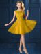 Cute A-line Damas Dress Gold Bateau Tulle Cap Sleeves Knee Length Lace Up