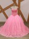 Sweetheart Sleeveless Quinceanera Gowns Brush Train Beading and Lace Rose Pink Tulle