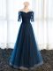 Edgy Floor Length Navy Blue Mother of the Bride Dress Tulle Half Sleeves Beading and Lace and Appliques