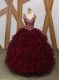 Floor Length Burgundy Quinceanera Gown Organza Sleeveless Beading and Ruffles