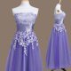 Perfect Lavender Empire Tulle Strapless Sleeveless Appliques Tea Length Lace Up Wedding Guest Dresses