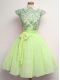 Affordable Cap Sleeves Knee Length Lace and Belt Lace Up Dama Dress with Yellow Green