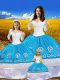Wonderful Taffeta Off The Shoulder 3 4 Length Sleeve Lace Up Embroidery Sweet 16 Dress in Blue And White