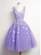 Lavender A-line Appliques Dama Dress Lace Up Tulle Sleeveless Knee Length