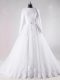 Long Sleeves Lace and Belt Lace Up Wedding Dress with White Brush Train