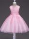 Baby Pink Sleeveless Knee Length Appliques Zipper Little Girl Pageant Dress
