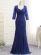 3 4 Length Sleeve Floor Length Beading and Lace and Appliques and Ruching Zipper Mother of Bride Dresses with Blue