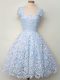 High Quality Light Blue A-line Straps Cap Sleeves Lace Knee Length Lace Up Lace Dama Dress