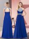 Blue Chiffon Zipper Halter Top Sleeveless Floor Length Prom Gown Beading and Ruching