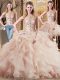 Extravagant Scoop Sleeveless Brush Train Lace Up 15 Quinceanera Dress Peach Tulle