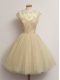 Superior Lace Dama Dress for Quinceanera Champagne Lace Up Cap Sleeves Knee Length