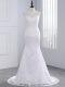 White Column/Sheath High-neck Sleeveless Tulle Brush Train Lace Up Beading and Appliques Wedding Gown