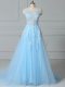 Scoop Sleeveless Brush Train Lace Up Prom Dress Baby Blue Tulle