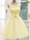 Pretty Light Yellow A-line Scoop Sleeveless Tulle Knee Length Lace Up Lace and Bowknot Bridesmaids Dress