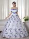 Glorious White Ball Gowns Embroidery Sweet 16 Dress Lace Up Organza Short Sleeves Floor Length
