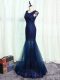 Eye-catching Navy Blue Mother of the Bride Dress Prom and Military Ball and Sweet 16 with Beading and Lace and Appliques Scoop Sleeveless Zipper