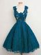 Artistic Teal A-line Straps Sleeveless Lace Knee Length Lace Up Lace Dama Dress for Quinceanera