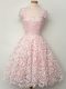 Pretty Knee Length Baby Pink Bridesmaid Gown Lace Cap Sleeves Lace