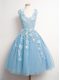 Hot Selling Light Blue A-line V-neck Sleeveless Tulle Knee Length Lace Up Appliques Dama Dress for Quinceanera
