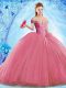 Coral Red Ball Gowns Beading Quinceanera Gowns Lace Up Organza Sleeveless