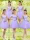 Lace and Belt Quinceanera Court of Honor Dress Lilac Lace Up Sleeveless Knee Length