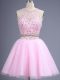 Delicate Pink Two Pieces Tulle Scoop Sleeveless Beading and Lace Knee Length Zipper Vestidos de Damas