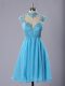 Pretty Baby Blue Chiffon Zipper High-neck Sleeveless Knee Length Cocktail Dresses Lace and Appliques