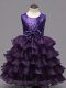 Dazzling Dark Purple Organza Zipper Scoop Sleeveless Tea Length Kids Formal Wear Ruffled Layers and Sequins