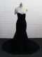 Chiffon Asymmetric Short Sleeves Brush Train Zipper Beading Prom Evening Gown in Black