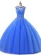Sexy Scoop Sleeveless 15 Quinceanera Dress Floor Length Beading and Lace Blue Tulle