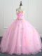 Sophisticated Pink Sleeveless Floor Length Appliques and Hand Made Flower Lace Up Ball Gown Prom Dress