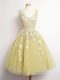 A-line Bridesmaid Gown Gold V-neck Tulle Sleeveless Knee Length Lace Up
