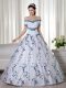 Ball Gowns Vestidos de Quinceanera White Off The Shoulder Organza Short Sleeves Floor Length Lace Up