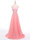 Sleeveless Formal Evening Gowns Brush Train Beading and Lace Watermelon Red Chiffon