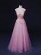 Fantastic Baby Pink A-line Straps Sleeveless Tulle Floor Length Lace Up Appliques Prom Gown