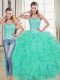 Turquoise Sleeveless Brush Train Beading and Ruffled Layers 15th Birthday Dress