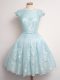 Light Blue Lace Up Wedding Guest Dresses Lace Cap Sleeves Knee Length