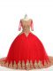Tulle Scoop Half Sleeves Brush Train Zipper Lace and Appliques Quinceanera Gown in Red