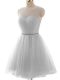 Grey Tulle Lace Up Prom Dress Sleeveless Mini Length Beading and Ruching