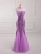 Luxurious Lilac Mermaid Halter Top Sleeveless Tulle and Sequined Floor Length Lace Up Beading and Sequins Evening Dresses