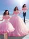 Lovely Baby Pink Ball Gowns Off The Shoulder Sleeveless Tulle Brush Train Lace Up Hand Made Flower Sweet 16 Dresses
