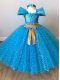 Affordable Baby Blue Little Girl Pageant Dress Wedding Party with Sequins and Belt Off The Shoulder Cap Sleeves Zipper