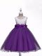 Modern Purple Ball Gowns Lace and Hand Made Flower Girls Pageant Dresses Zipper Organza Sleeveless Knee Length