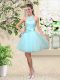 Aqua Blue Halter Top Neckline Lace and Belt Quinceanera Court of Honor Dress Sleeveless Lace Up