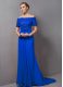 Eye-catching Blue Mother of the Bride Dress Chiffon Sweep Train Short Sleeves Lace