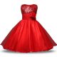 Charming Sleeveless Organza and Sequined Knee Length Zipper Flower Girl Dresses for Less in Red with Bowknot and Belt and Hand Made Flower
