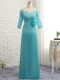 Fashionable Long Sleeves Chiffon Floor Length Zipper Mother of Bride Dresses in Aqua Blue with Lace and Appliques and Ruching and Hand Made Flower