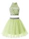 High-neck Sleeveless Wedding Party Dress Knee Length Beading Yellow Green Organza